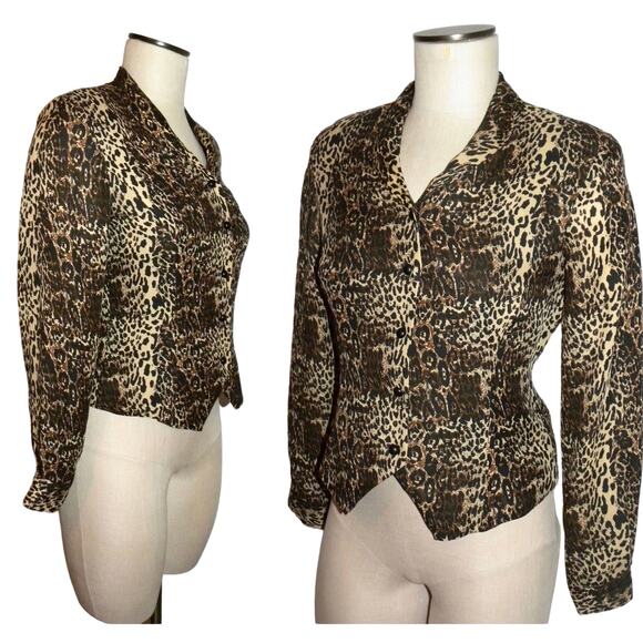 90s Leopard Print Silk Jacket | Vintage Fitted Crop Blazer | X-Small PETITE - Picture 9 of 10